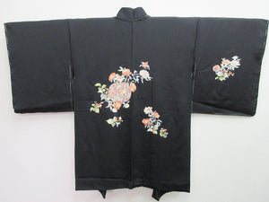 Haori Jacket Vintage(1950-1980) Black Fully Embroidered Flower Silk #7949M3