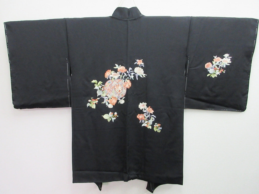 Haori Jacket Vintage(1950-1980) Black Fully Embroidered Flower Silk #7949M3