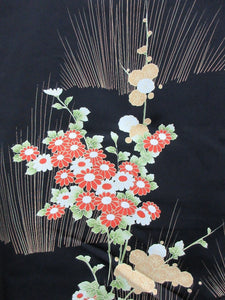 Haori Jacket Vintage(1950-1980) Black Flower Silk mix #7721K1