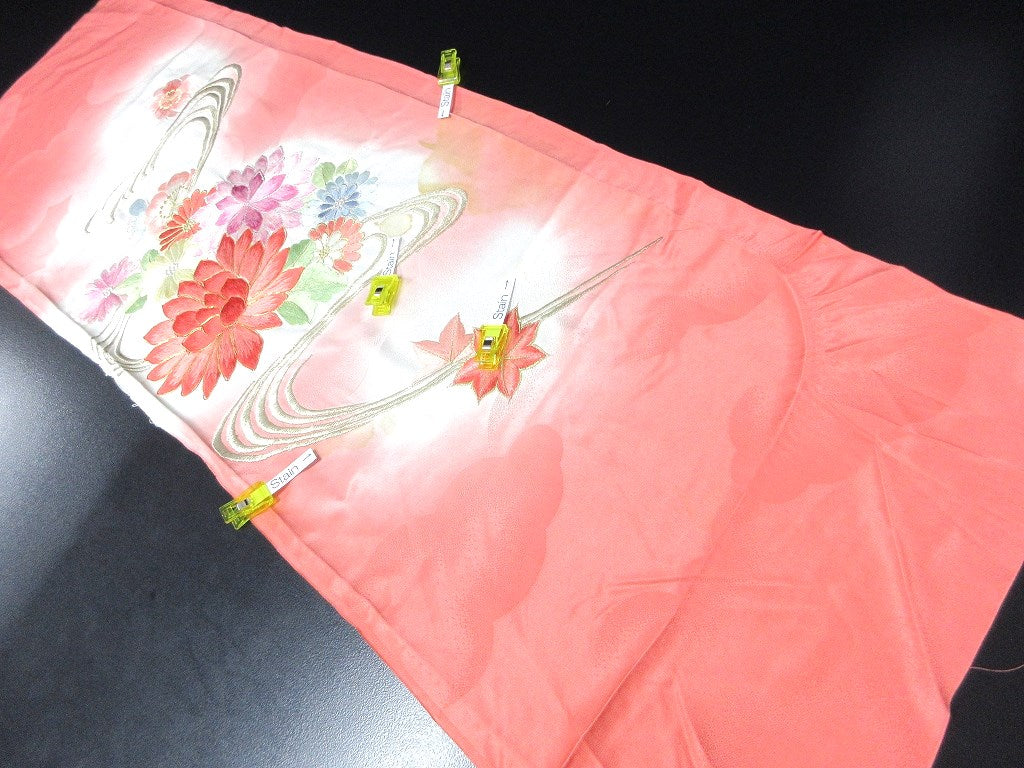 ACH#813 Silk Kimono Fabric Vintage Furisode Embroidery 41.3x13.4in(105x34cm)
