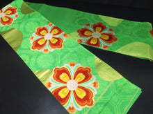 Load image into Gallery viewer, Fukuro Obi Vintage(1950-1980) Green Gold Chrysanthemum Silk BB25W2
