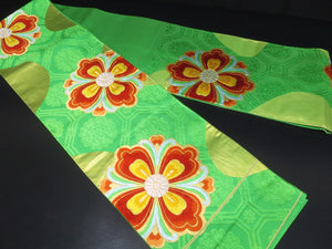 Fukuro Obi Vintage(1950-1980) Green Gold Chrysanthemum Silk BB25W2