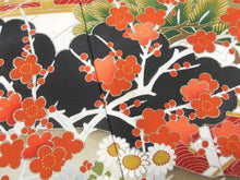 Load image into Gallery viewer, BCF#2898 Silk Tomesode Fabric Vintage(1920-1950) Chrysanthemum Plum Blossom Temple Black 43.3x14.2in(110x36cm)
