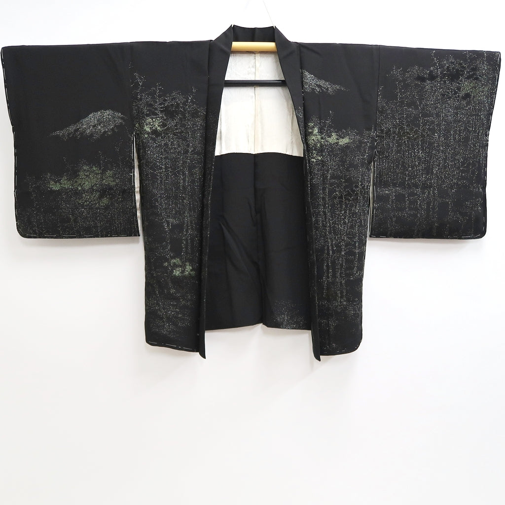 Haori Jacket Vintage(1950-1980) Black Silver Mountain Tree Landscape S ...