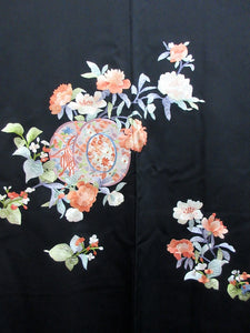 Haori Jacket Vintage(1950-1980) Black Fully Embroidered Flower Silk #7949M3