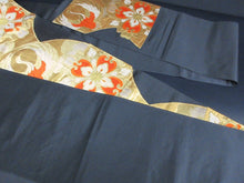 Load image into Gallery viewer, Fukuro Obi Vintage(1950-1980) Black Gold Crane Birds Silk BB108W7
