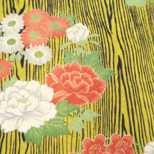Load image into Gallery viewer, KK1207B5 Silk Kimono Fabric Vintage(1920-1950) Peony Ume Camellia Yellow Black 50.0x12.2in(127x31cm)
