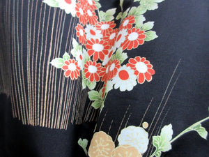 Haori Jacket Vintage(1950-1980) Black Flower Silk mix #7721K1