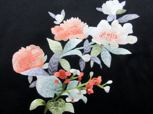 Haori Jacket Vintage(1950-1980) Black Fully Embroidered Flower Silk #7949M3