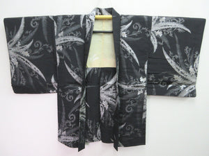 Haori Jacket Vintage(1950-1980) Black Silver Leaf Silk #7992N1