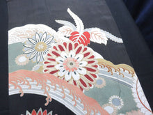 Load image into Gallery viewer, BCF#2792 Silk Tomesode Fabric Vintage(1920-1950) Wave Chrysanthemum Black 31.5x15.0in(80x38cm)
