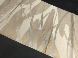 BB8312AE Silk Obi Fabric Vintage(1950-1980) Abstrast Leaf Gold Silver 107.5x12.2in(273x31cm)