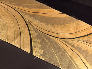 BB8263AB Silk Obi Fabric Vintage(1950-1980) Flower Gold Black 86.6x11.8in(220x30cm)