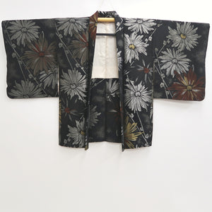 Haori Jacket Vintage(1950-1980) Black Silver Gold Chrysanthemum Silk #9448G3