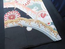 Load image into Gallery viewer, BCF#2792 Silk Tomesode Fabric Vintage(1920-1950) Wave Chrysanthemum Black 31.5x15.0in(80x38cm)
