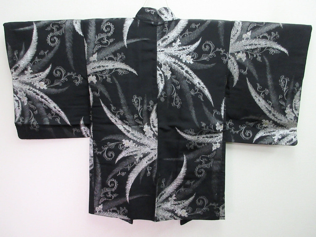 Haori Jacket Vintage(1950-1980) Black Silver Leaf Silk #7992N1