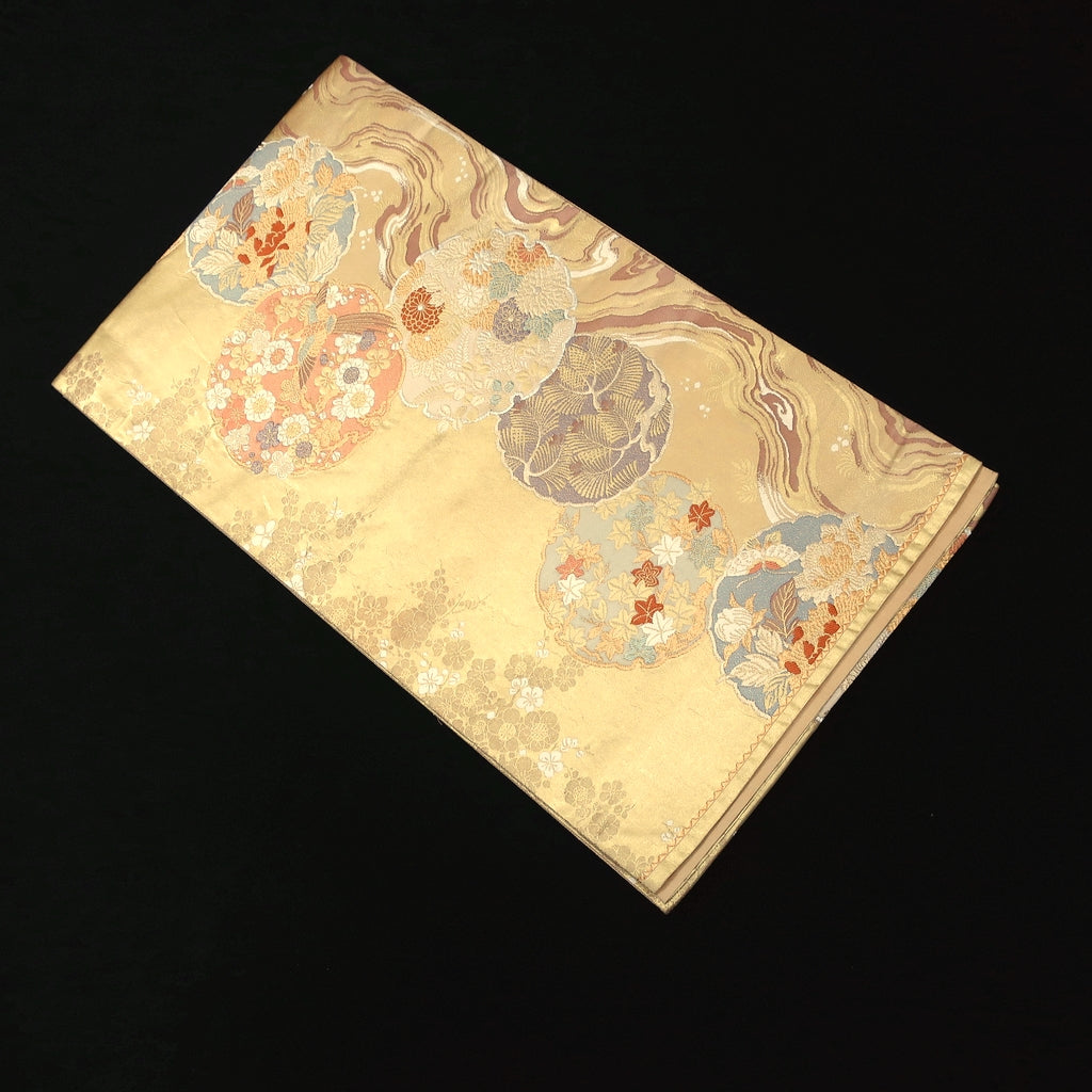 Fukuro Obi Vintage(1950-1980) Gold Ryusui Peony Silk BB182V1