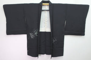 Haori Jacket Vintage(1950-1980) Black Silver Gold Branch Silk #8363C5