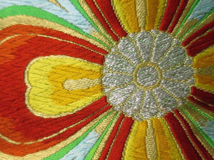 Fukuro Obi Vintage(1950-1980) Green Gold Chrysanthemum Silk BB25W2