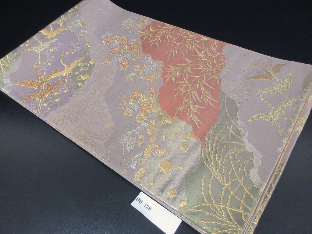 Fukuro Obi Light Rosybrown Gold Crane Birds Michinagadori Silk BB129W8
