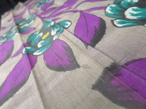 MKF#129 Silk Kimono Fabric Vintage(1920-1950) Meisen Flower Gray Purple 84.6x12.6in(215x32cm)