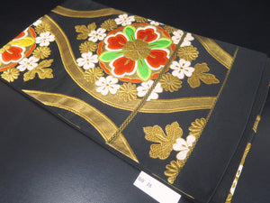 Fukuro Obi Vintage(1950-1980) Black Gold Chrysanthemum Silk BB26W2