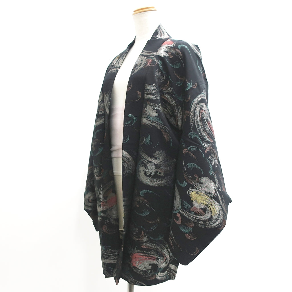Haori Jacket Vintage(1950-1980) Black Silver Gold Wave Silk #9244E3