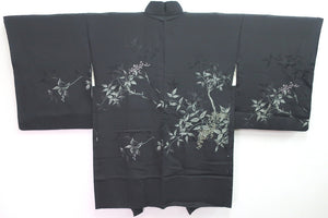 Haori Jacket Vintage(1950-1980) Black Silver Gold Branch Silk #8363C5