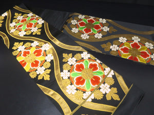 Fukuro Obi Vintage(1950-1980) Black Gold Chrysanthemum Silk BB26W2