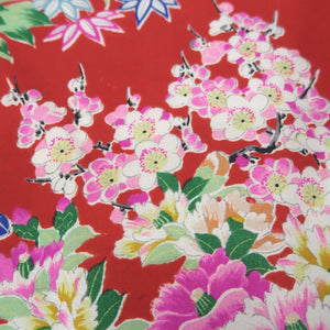 KK1348B7 Silk Kimono Fabric Vintage(1920-1950) Peony Red 90.6x27.6in(230x70cm)