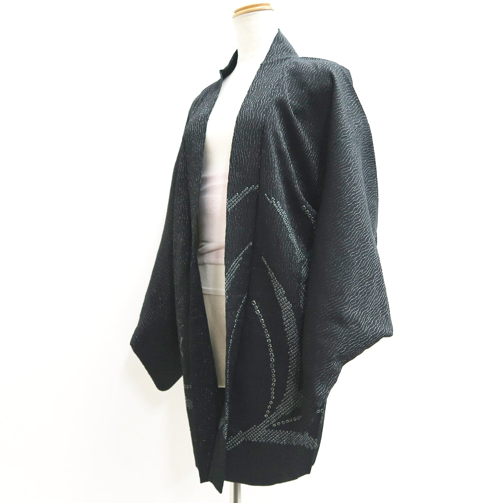 Haori Jacket Vintage(1950-1980) Black Silver Plum blossom Shibori Silk #9434G3