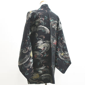 Haori Jacket Vintage(1950-1980) Black Silver Gold Wave Silk #9244E3
