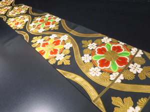 Fukuro Obi Vintage(1950-1980) Black Gold Chrysanthemum Silk BB26W2