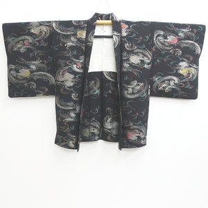 Haori Jacket Vintage(1950-1980) Black Silver Gold Wave Silk #9244E3