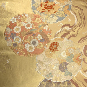 Fukuro Obi Vintage(1950-1980) Gold Ryusui Peony Silk BB182V1