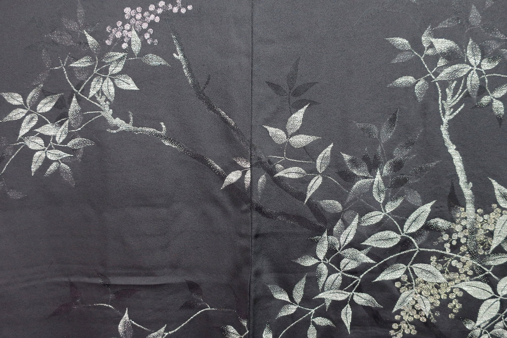 Haori Jacket Vintage(1950-1980) Black Silver Gold Branch Silk #8363C5