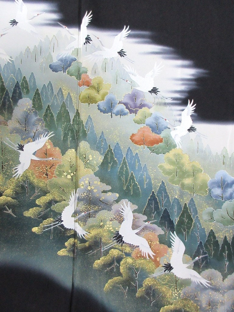 BCF#2933 Silk Tomesode Fabric Crane Birds 43.3x17.3in(110x44cm)