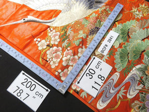 BCF#2841 Silk Kimono Fabric Vintage(1950-1980) Embroidery Crane Birds Vermillion 200cm (78.7in)