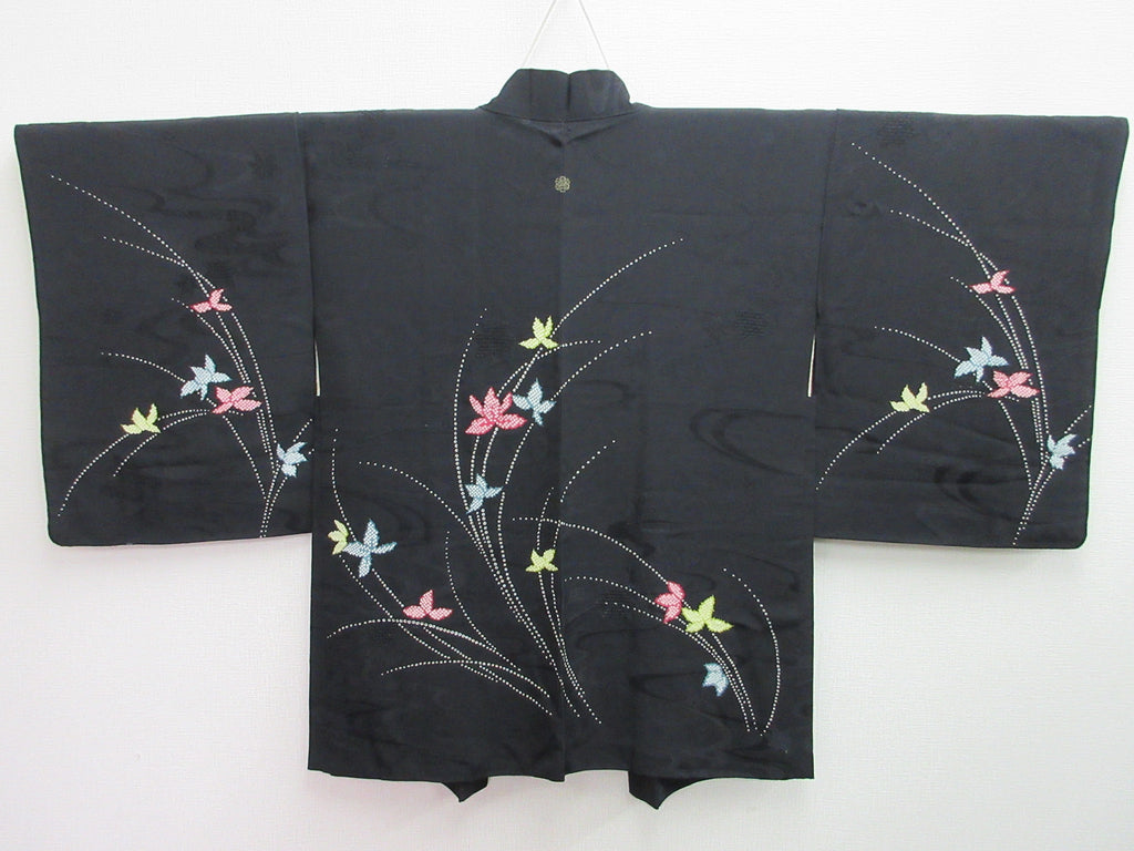 Haori Jacket Vintage(1950-1980) Black Flower Maple Leaf Silk #7950M4