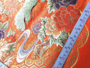 BCF#2841 Silk Kimono Fabric Vintage(1950-1980) Embroidery Crane Birds Vermillion 200cm (78.7in)