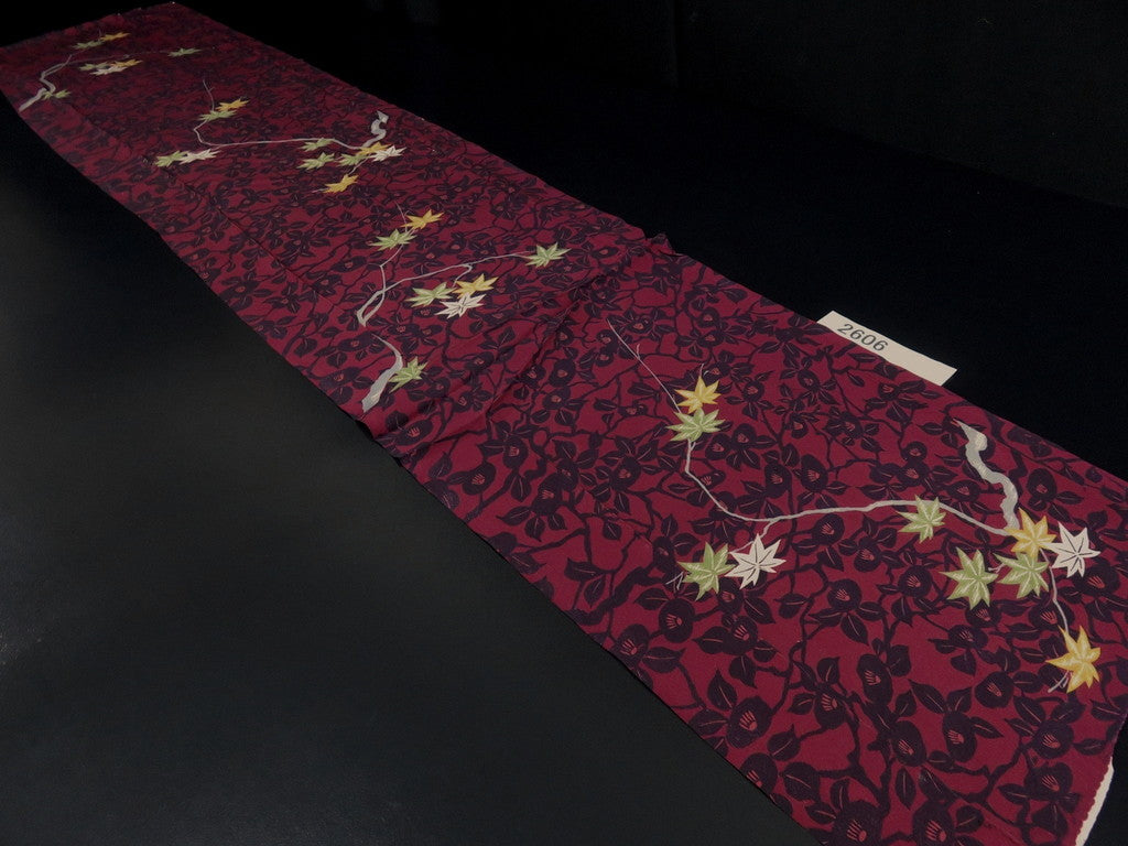 FF2606B Silk Kimono Fabric Vintage(1950-1980) Camellia Flower Wine Red 55.9x11.8in(142x30cm)