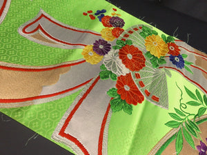 BB8244AA Silk Obi Fabric Vintage(1950-1980) Noshi Flower Light Green Blue 104.7x12.2in(266x31cm)