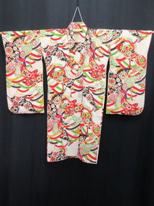 Girl's Kimono Vintage(1950-1980) White Crane Birds Silk #8122A4