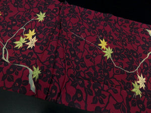 FF2606B Silk Kimono Fabric Vintage(1950-1980) Camellia Flower Wine Red 55.9x11.8in(142x30cm)