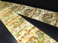 Load image into Gallery viewer, Maru Obi Vintage(1920-1950) Gold Green Phoenix Chrysanthemum Plum blossom Silk BB40W3
