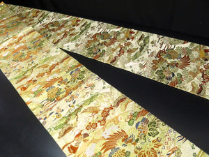 Maru Obi Vintage(1920-1950) Gold Green Phoenix Chrysanthemum Plum blossom Silk BB40W3