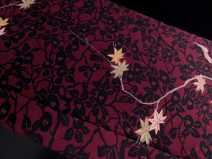 FF2606B Silk Kimono Fabric Vintage(1950-1980) Camellia Flower Wine Red 55.9x11.8in(142x30cm)