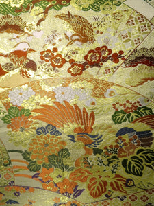 Maru Obi Vintage(1920-1950) Gold Green Phoenix Chrysanthemum Plum blossom Silk BB40W3