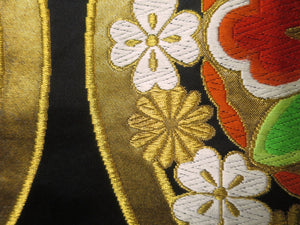 Fukuro Obi Vintage(1950-1980) Black Gold Chrysanthemum Silk BB26W2