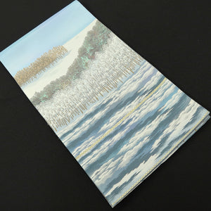 Fukuro Obi Vintage(1950-1980) Light Blue Minoru Sakuragi Winter Landscape Silk BB223V3